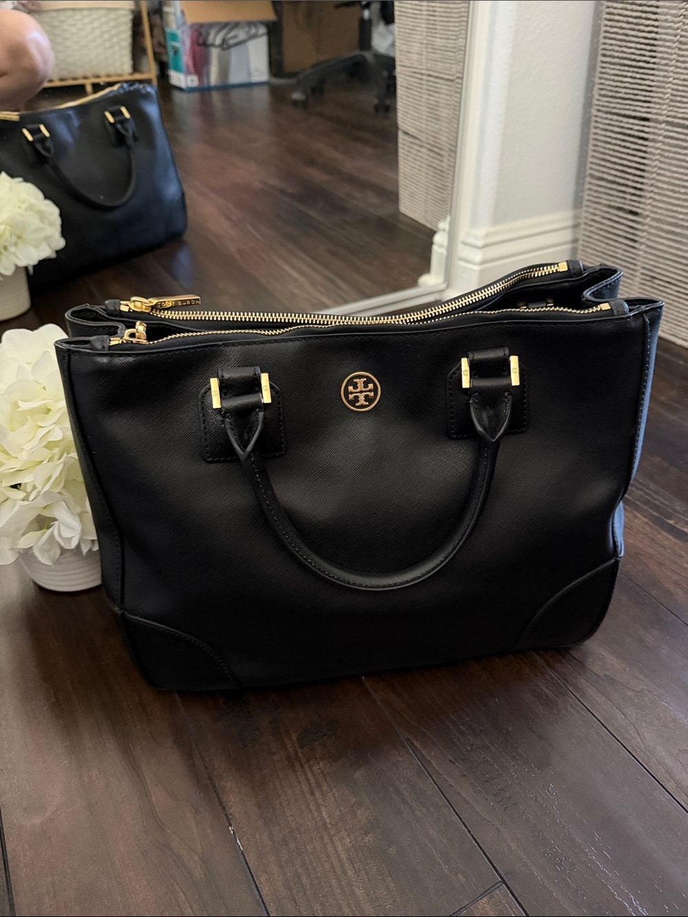 Tory Burch Black Leather Double-Compartment Tote with Gold Logo